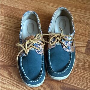Navy Leather Boat Shoes with Floral Trim and Mustard Laces